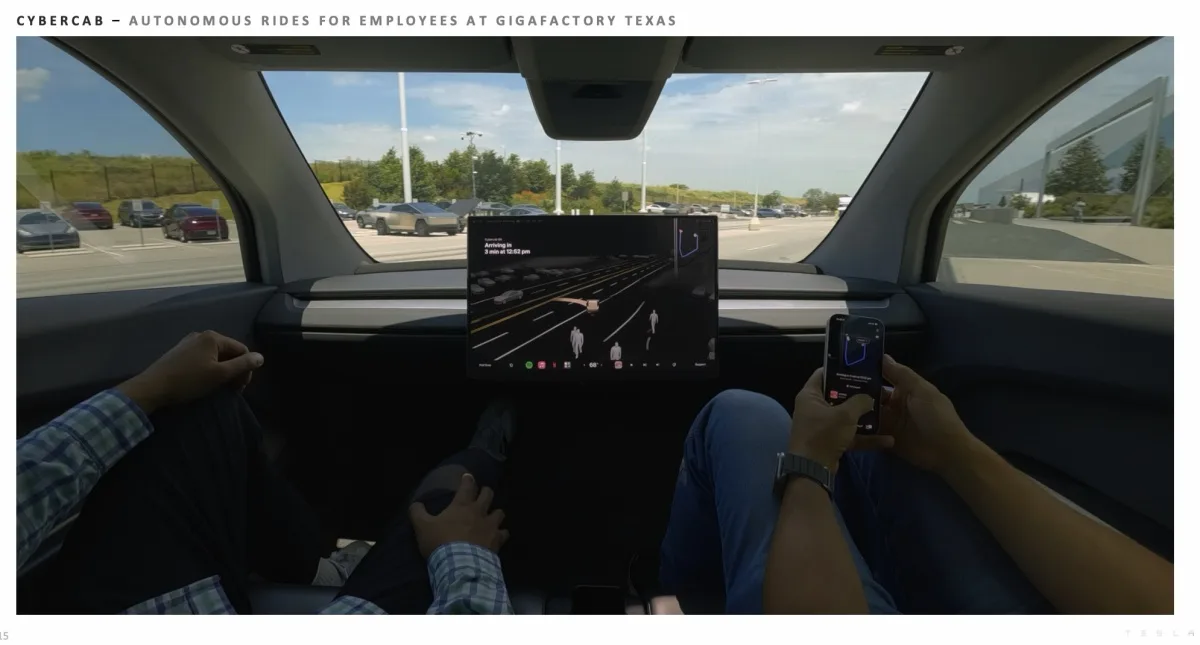 Cybercab – Autonomous Rides for Employees at Gigafactory Texas：車內無方向盤視角，乘客使用 Tesla App 叫車