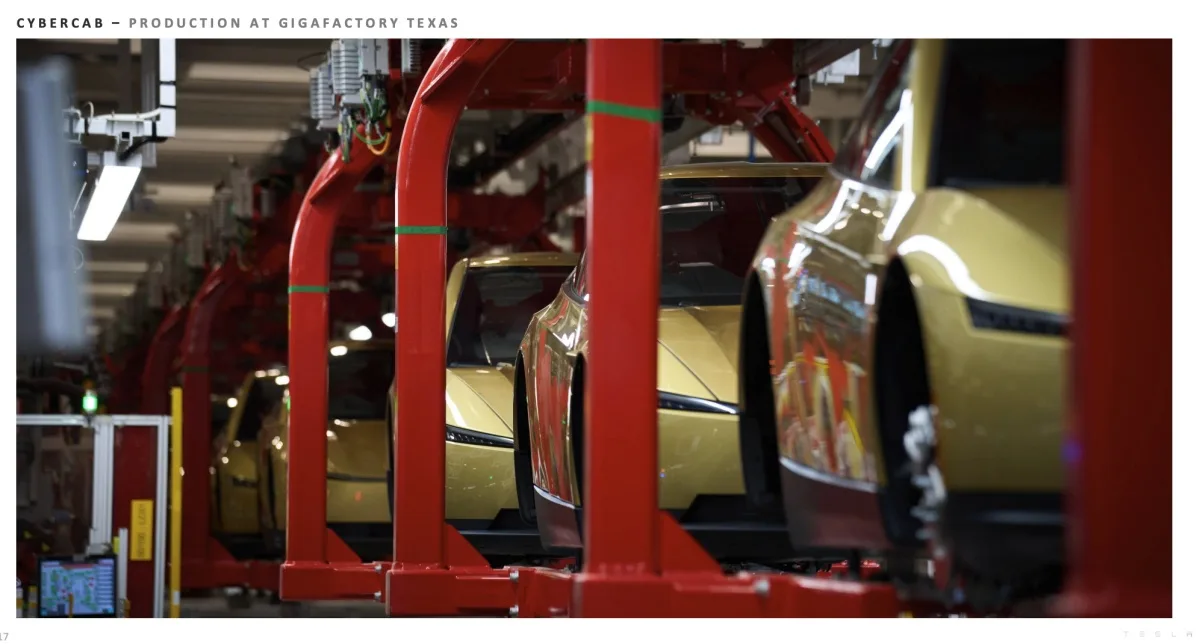 Cybercab – Production at Gigafactory Texas：Cybercab 量產線，金色車身在產線上排列