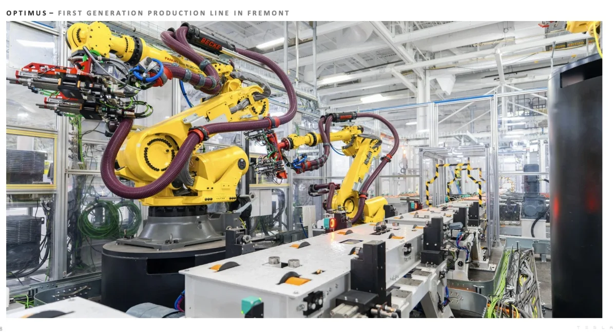 Optimus – First Generation Production Line in Fremont：Fremont 廠 Optimus 第一代量產線機械手臂