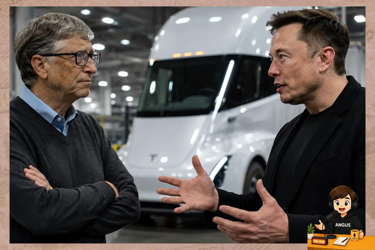 比爾蓋茲與 Elon Musk 在 Tesla Semi 卡車前對話,電動 Semi 量產打臉蓋茲預測