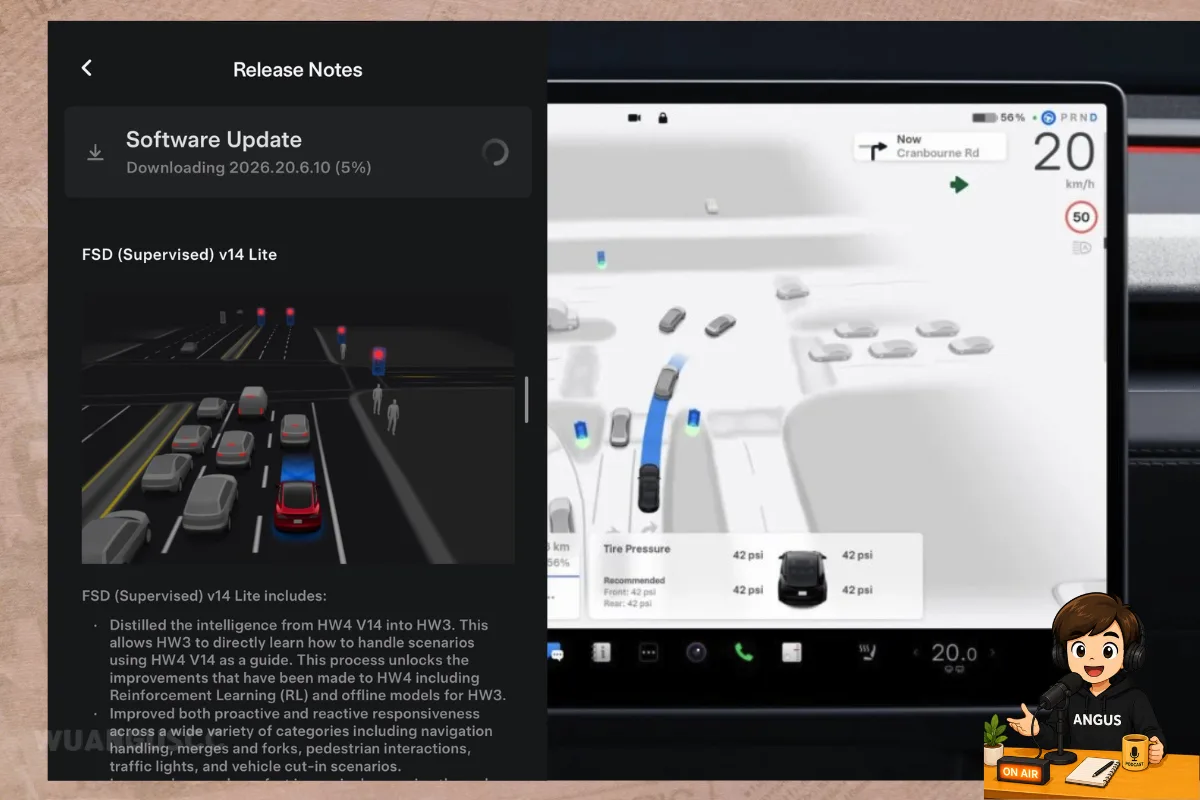 Tesla FSD v14 Lite 版本 2026.20.6.10 軟體更新畫面,HW3 車主可關閉煞車確認功能