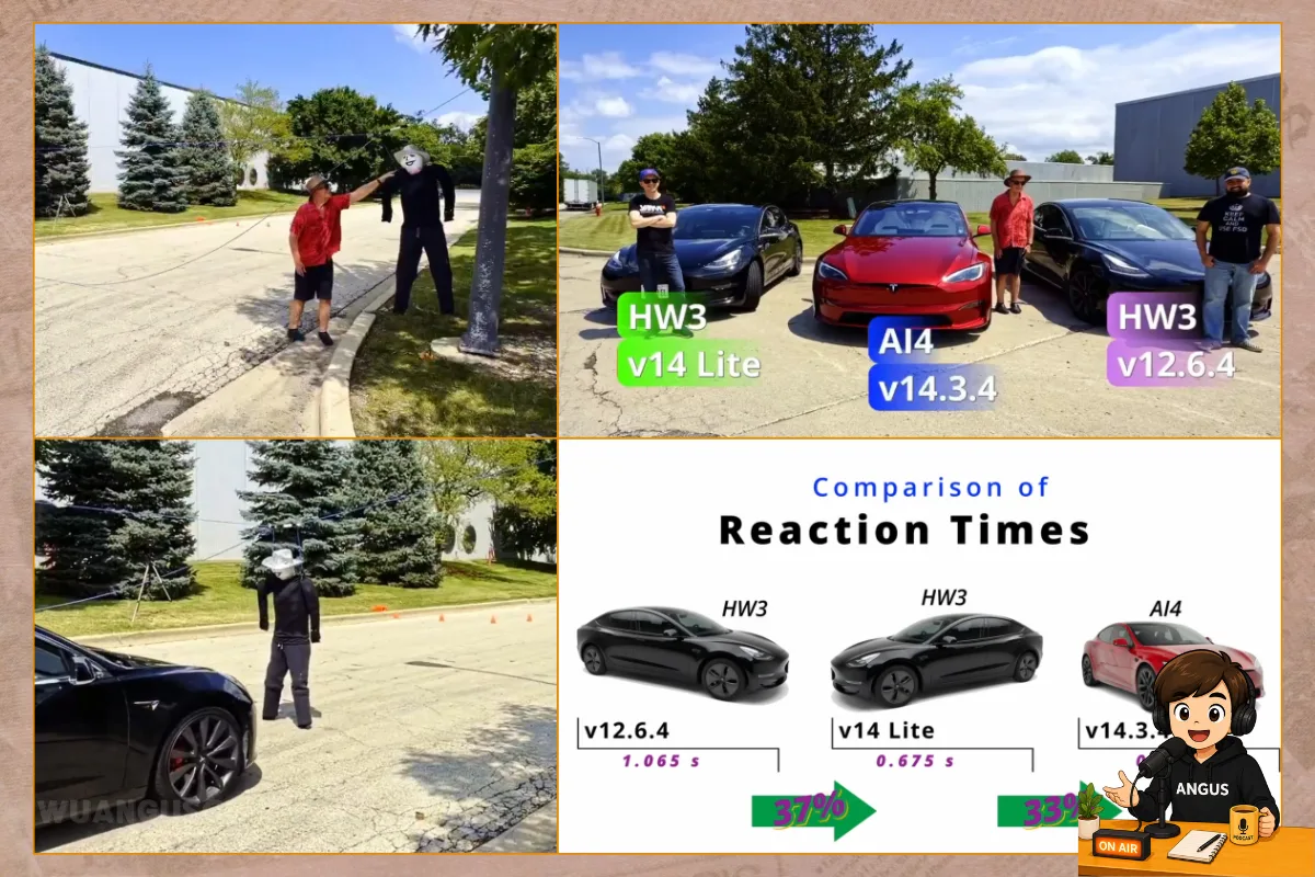 Tesla FSD v14 Lite HW3 反應時間實測對比:v12.6.4 為 1.065 秒,v14 Lite 為 0.675 秒,快 37%