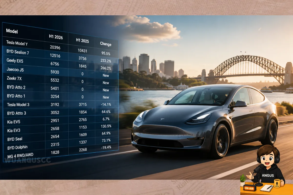 2026 年上半年澳洲電動車銷量排行榜,Tesla Model Y 以 20,396 輛高居第一